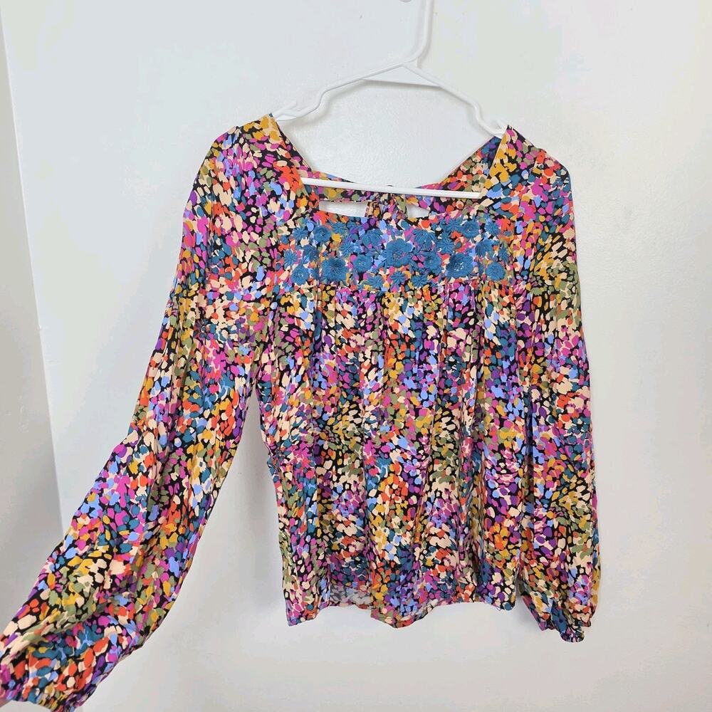 Savanna Jane Colorful Floral Embroidered Artsy Peasant Blouse Size Small